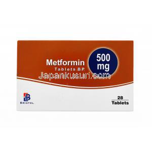 グルコファージジェネリック, メトホルミン 錠 500mg 28錠, 箱表面,製造元:Birstol